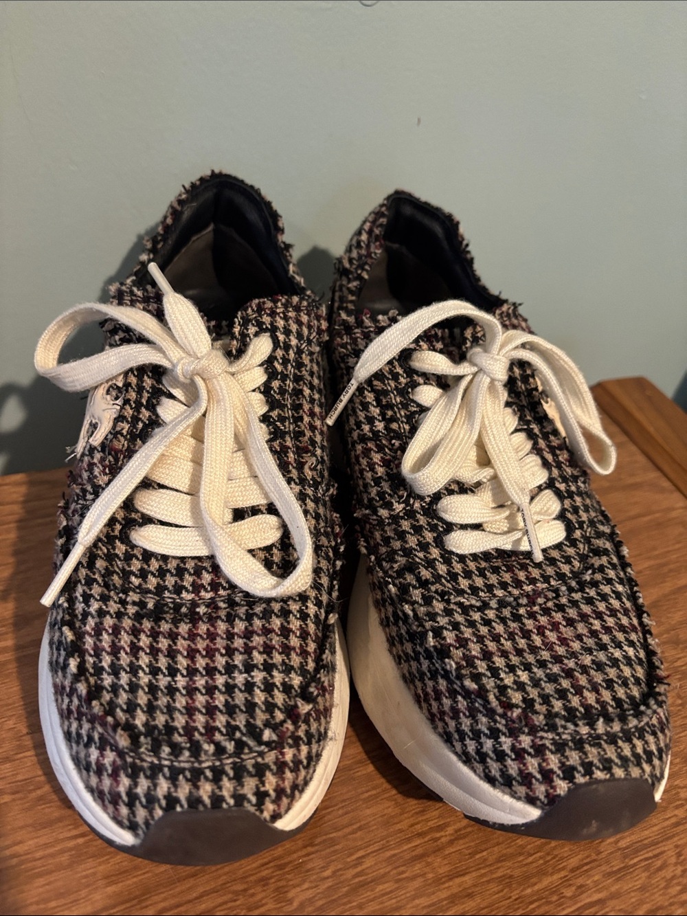 Tory Burch Houndstooth Lace-Up Platform Sneakers in Black, White & Burgundy